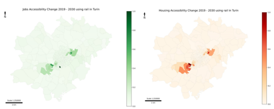 HARMONY MS results: jobs and housing accessibility change by rail in Turin (2019-2030)